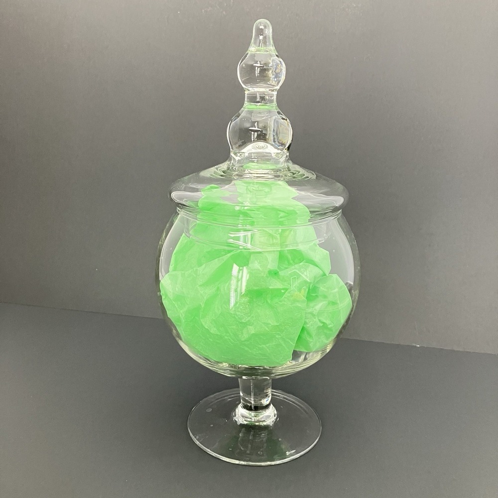 VTG Clear Glass Apothecary Candy Jar Pedestal Lid Finial Covered Dish Deco 12"